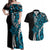 Polynesian Plumeria Floral Tattoo Pattern Couples Matching Off Shoulder Maxi Dress and Hawaiian Shirt Bllue Style