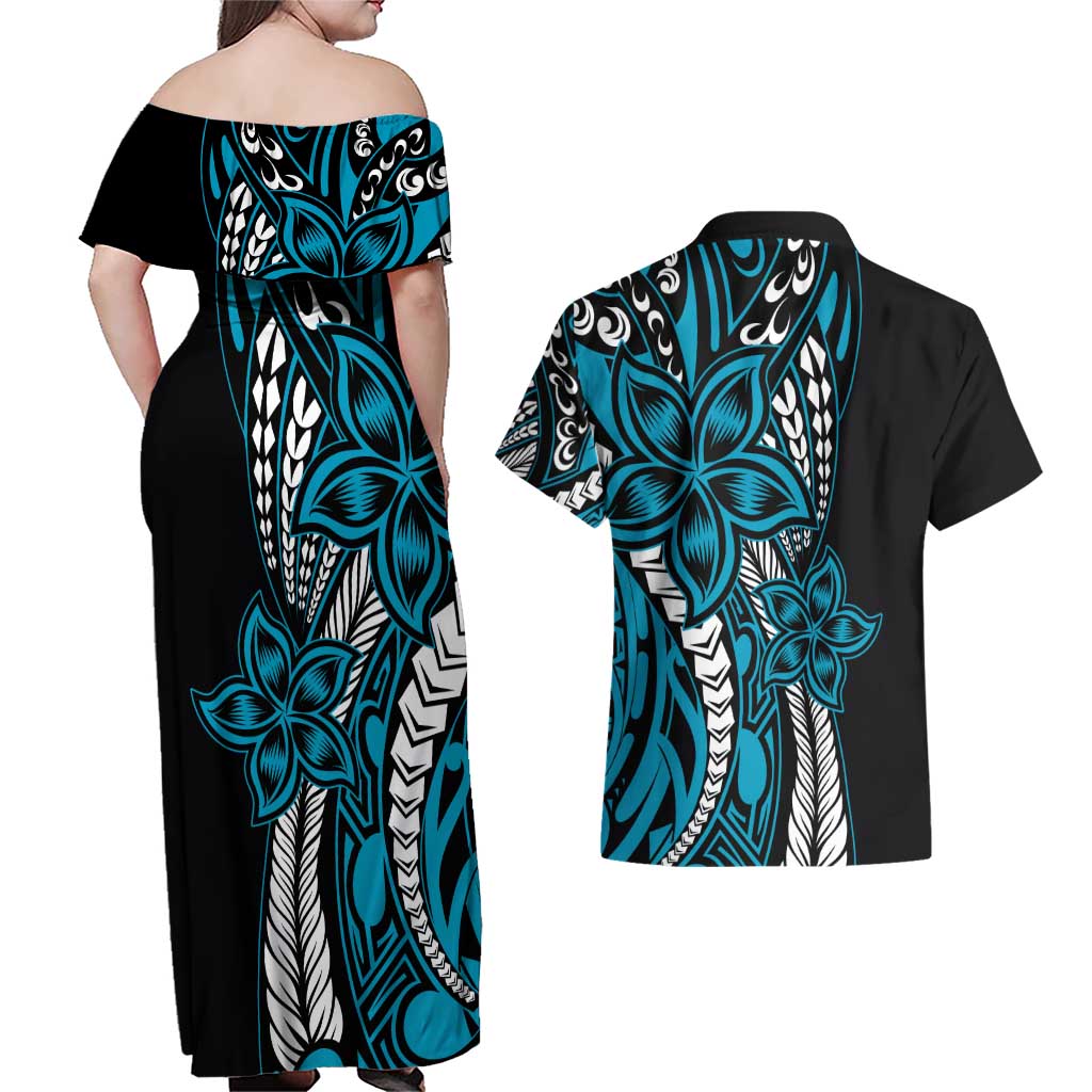 Polynesian Plumeria Floral Tattoo Pattern Couples Matching Off Shoulder Maxi Dress and Hawaiian Shirt Bllue Style