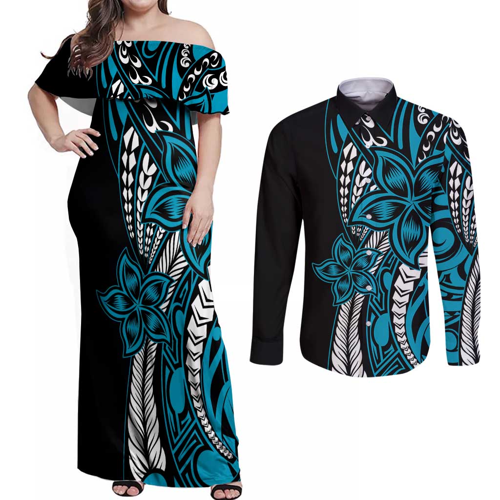 Polynesian Plumeria Floral Tattoo Pattern Couples Matching Off Shoulder Maxi Dress and Long Sleeve Button Shirt Blue Style LT9 Blue - Polynesian Pride