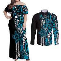Polynesian Plumeria Floral Tattoo Pattern Couples Matching Off Shoulder Maxi Dress and Long Sleeve Button Shirt Blue Style LT9 Blue - Polynesian Pride