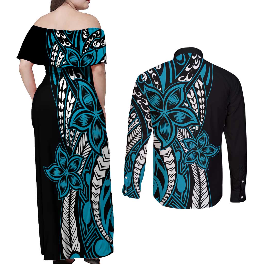 Polynesian Plumeria Floral Tattoo Pattern Couples Matching Off Shoulder Maxi Dress and Long Sleeve Button Shirt Blue Style LT9 - Polynesian Pride