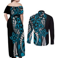 Polynesian Plumeria Floral Tattoo Pattern Couples Matching Off Shoulder Maxi Dress and Long Sleeve Button Shirt Blue Style LT9 - Polynesian Pride