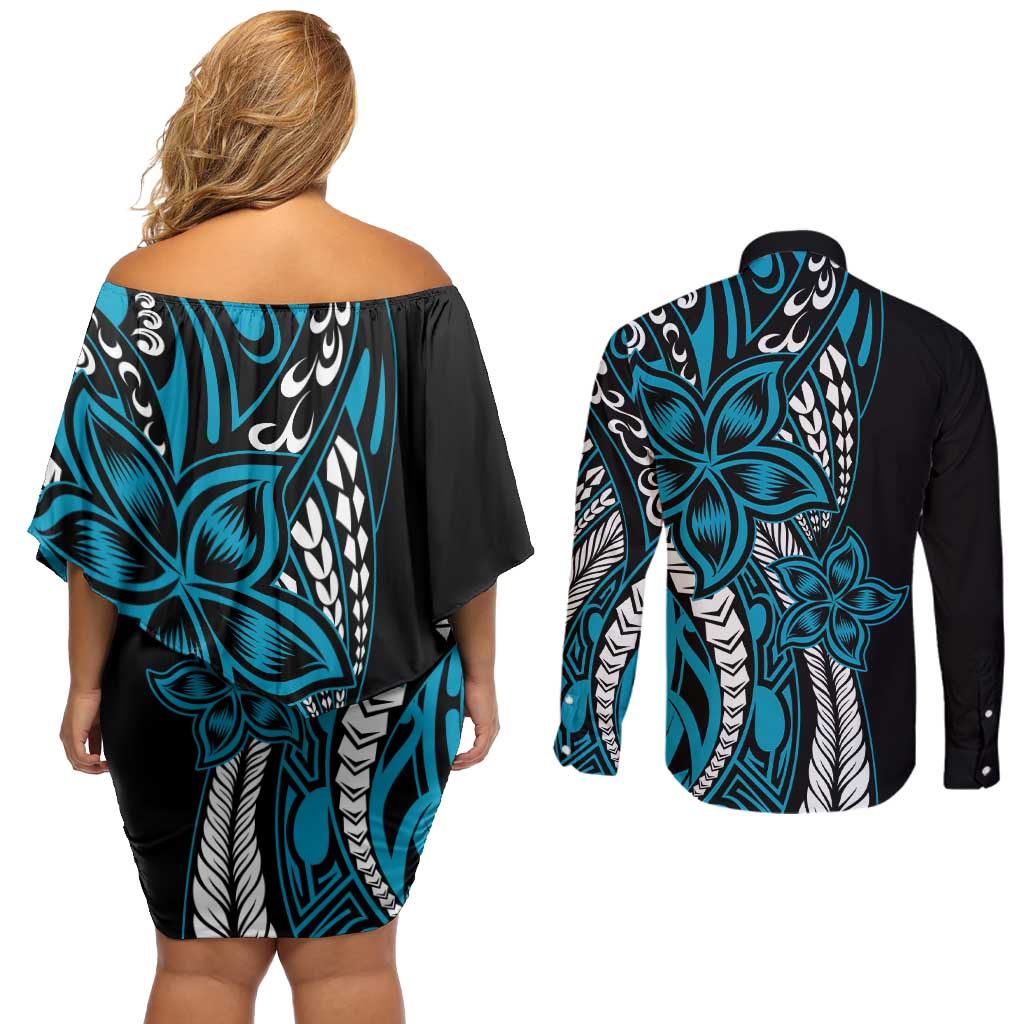 Polynesian Plumeria Floral Tattoo Pattern Couples Matching Off Shoulder Short Dress and Long Sleeve Button Shirt Bllue Style