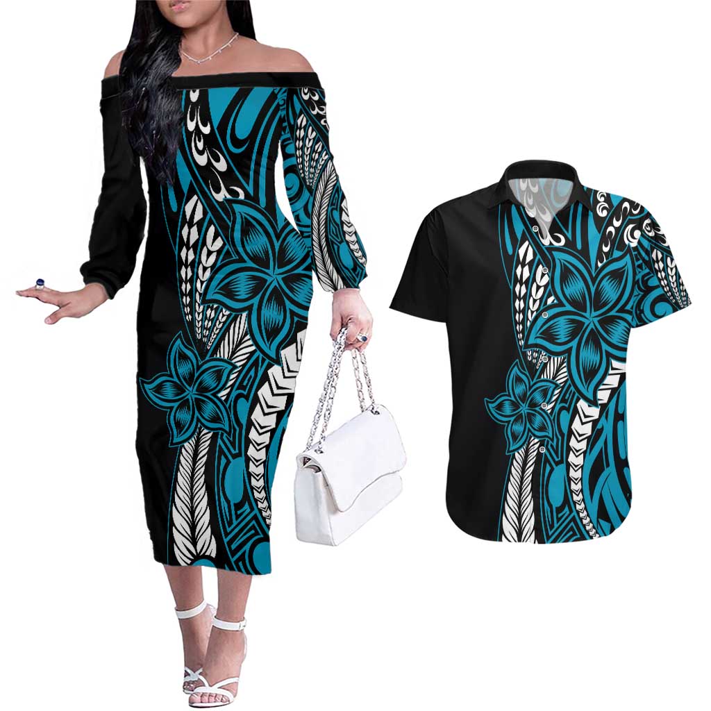 Polynesian Plumeria Floral Tattoo Pattern Couples Matching Off The Shoulder Long Sleeve Dress and Hawaiian Shirt Blue Style LT9 Blue - Polynesian Pride