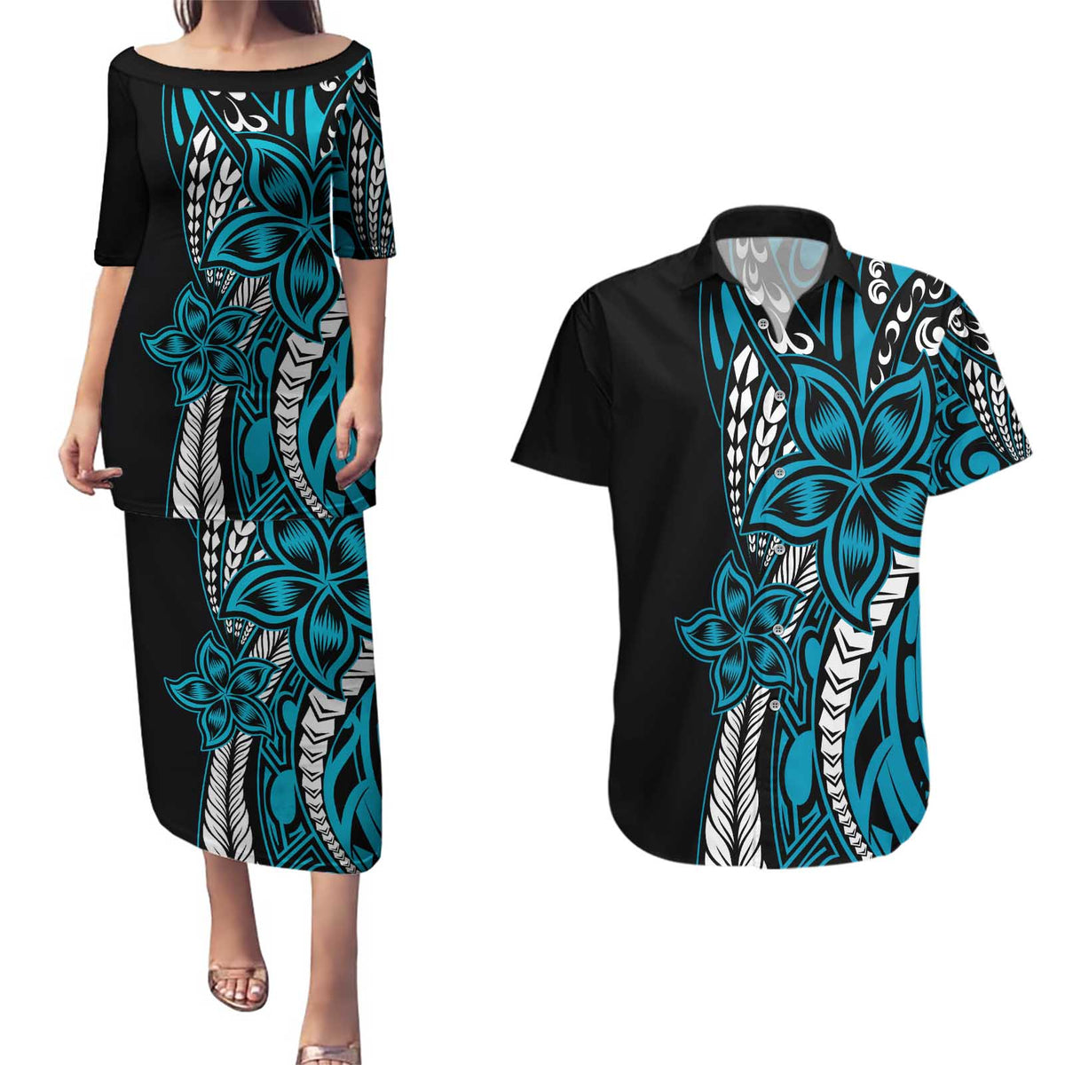 Polynesian Plumeria Floral Tattoo Pattern Couples Matching Puletasi and Hawaiian Shirt Blue Style LT9 Blue - Polynesian Pride