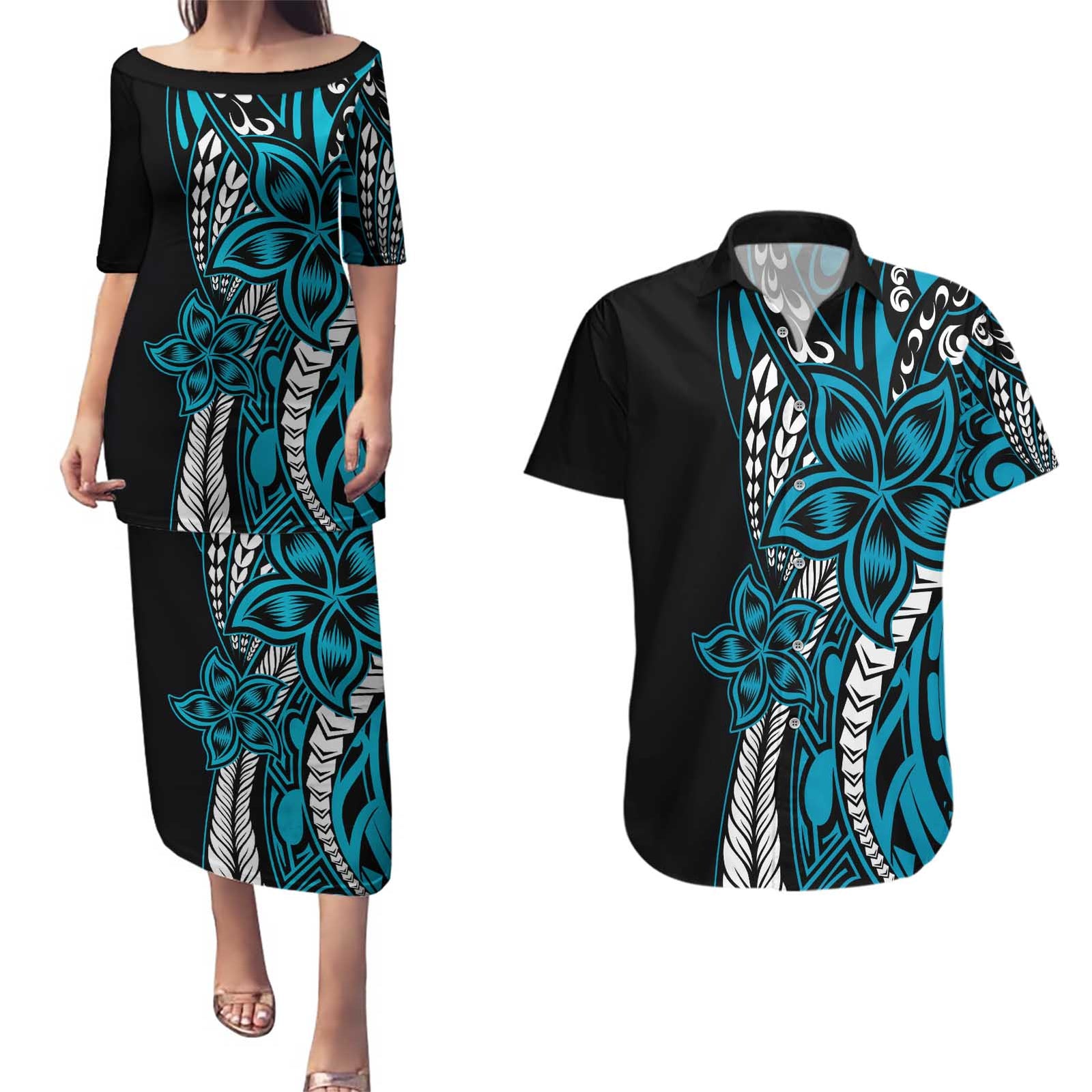 Polynesian Plumeria Floral Tattoo Pattern Couples Matching Puletasi and Hawaiian Shirt Blue Style LT9 Blue - Polynesian Pride