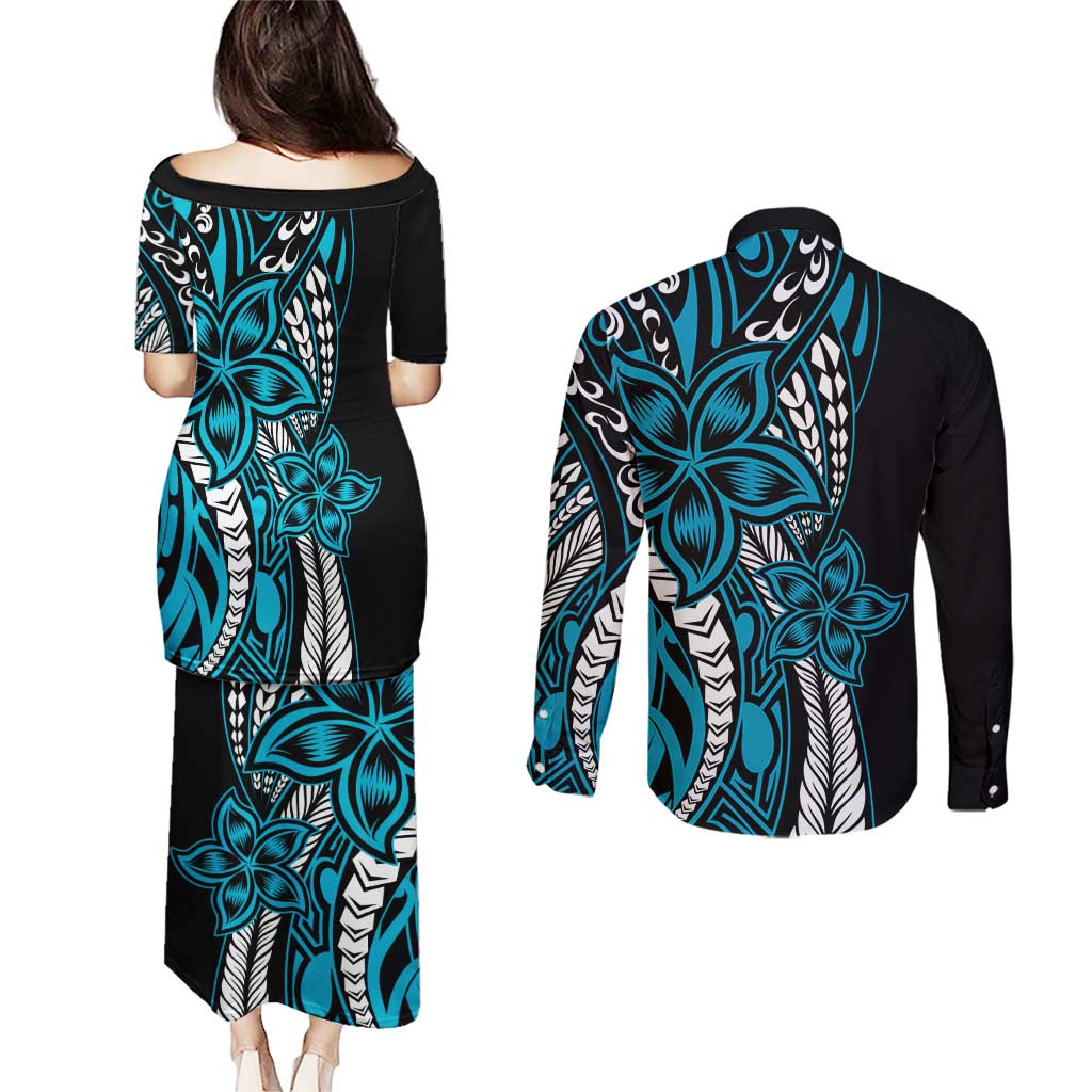 Polynesian Plumeria Floral Tattoo Pattern Couples Matching Puletasi and Long Sleeve Button Shirt Blue Style LT9 - Polynesian Pride