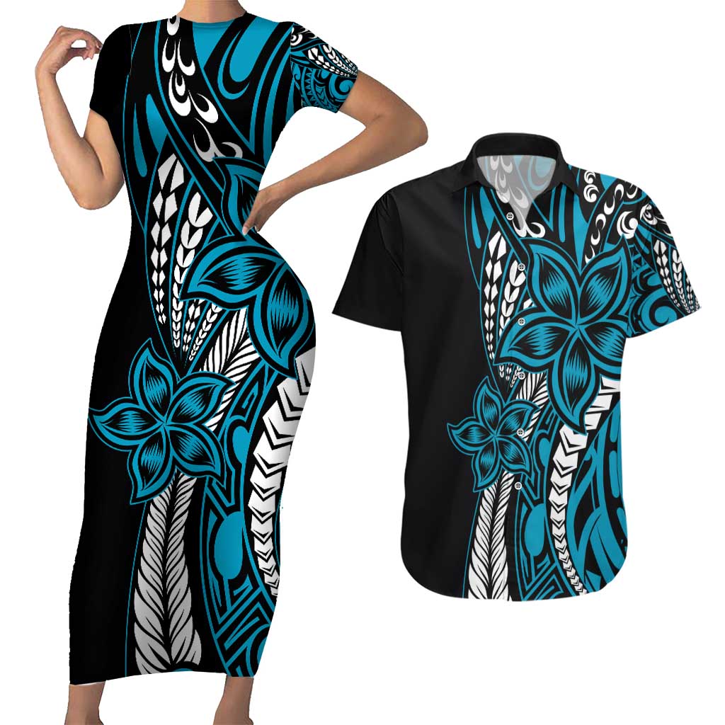 Polynesian Plumeria Floral Tattoo Pattern Couples Matching Short Sleeve Bodycon Dress and Hawaiian Shirt Blue Style LT9 Blue - Polynesian Pride