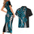 Polynesian Plumeria Floral Tattoo Pattern Couples Matching Short Sleeve Bodycon Dress and Hawaiian Shirt Bllue Style