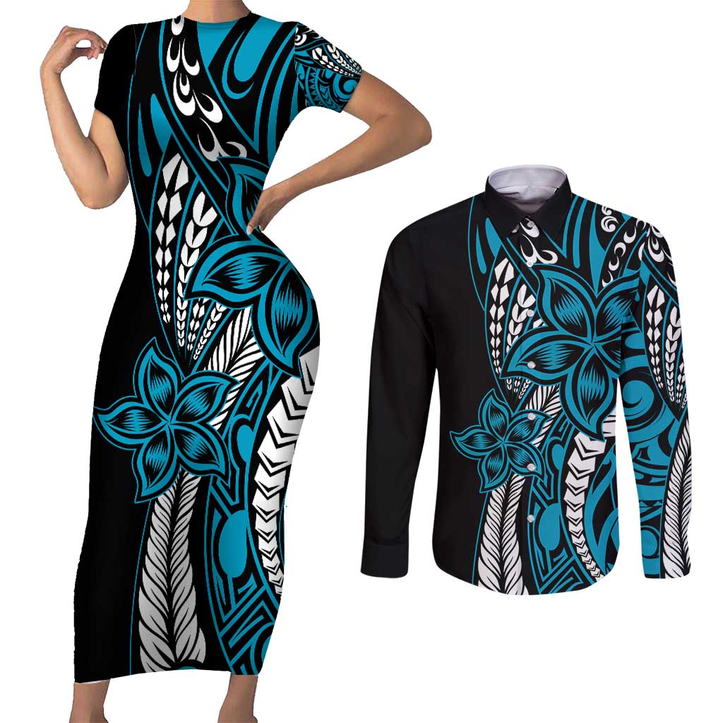 Polynesian Plumeria Floral Tattoo Pattern Couples Matching Short Sleeve Bodycon Dress and Long Sleeve Button Shirt Blue Style LT9 Blue - Polynesian Pride