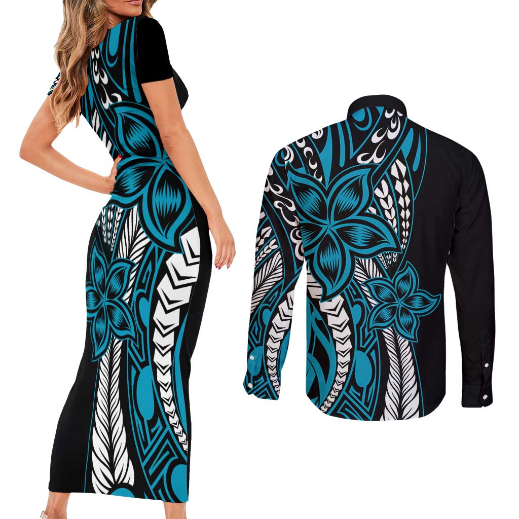 Polynesian Plumeria Floral Tattoo Pattern Couples Matching Short Sleeve Bodycon Dress and Long Sleeve Button Shirt Blue Style LT9 - Polynesian Pride