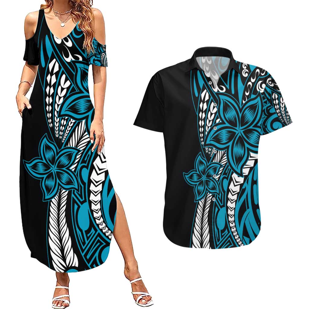 Polynesian Plumeria Floral Tattoo Pattern Couples Matching Summer Maxi Dress and Hawaiian Shirt Blue Style LT9 Blue - Polynesian Pride