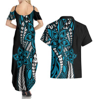 Polynesian Plumeria Floral Tattoo Pattern Couples Matching Summer Maxi Dress and Hawaiian Shirt Blue Style LT9 - Polynesian Pride