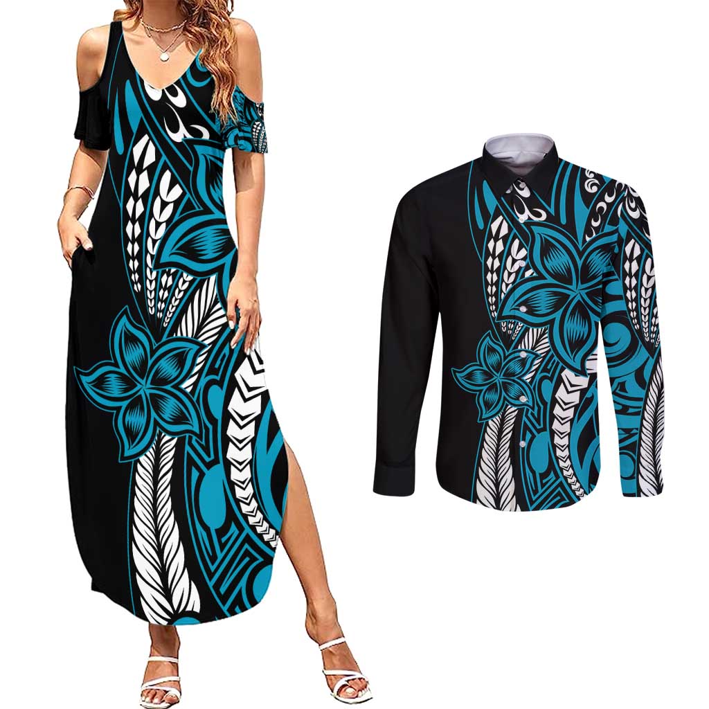 Polynesian Plumeria Floral Tattoo Pattern Couples Matching Summer Maxi Dress and Long Sleeve Button Shirt Bllue Style