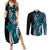 Polynesian Plumeria Floral Tattoo Pattern Couples Matching Summer Maxi Dress and Long Sleeve Button Shirt Bllue Style