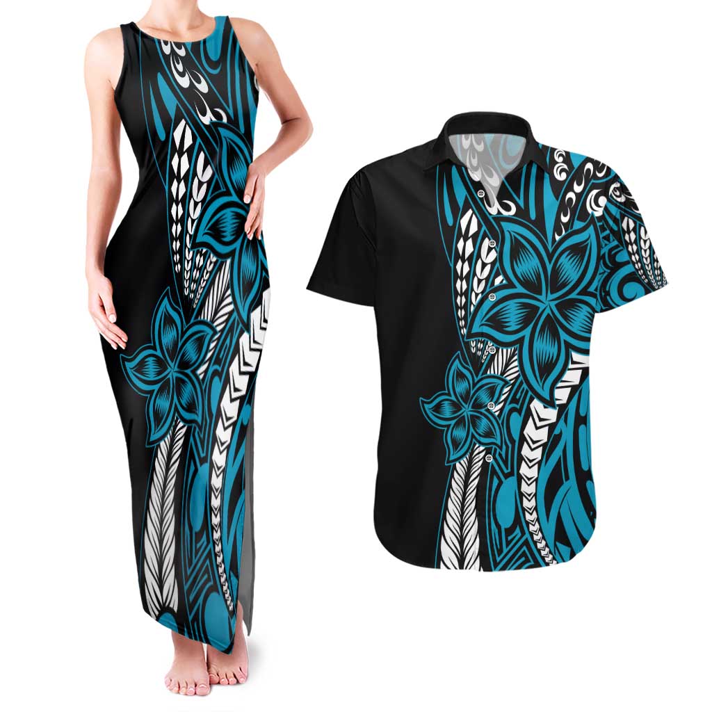 Polynesian Plumeria Floral Tattoo Pattern Couples Matching Tank Maxi Dress and Hawaiian Shirt Bllue Style