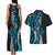 Polynesian Plumeria Floral Tattoo Pattern Couples Matching Tank Maxi Dress and Hawaiian Shirt Bllue Style