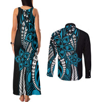 Polynesian Plumeria Floral Tattoo Pattern Couples Matching Tank Maxi Dress and Long Sleeve Button Shirt Blue Style LT9 - Polynesian Pride