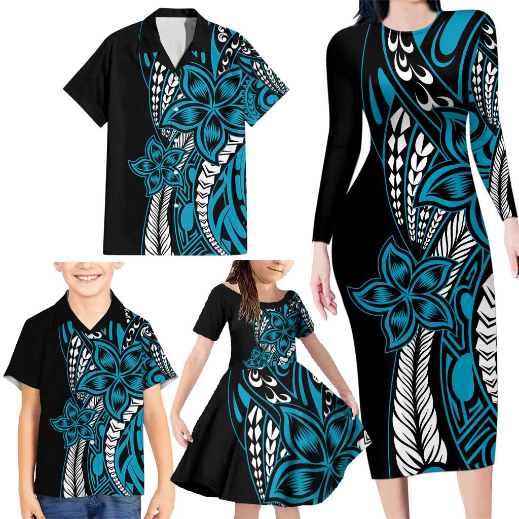 Polynesian Plumeria Floral Tattoo Pattern Family Matching Long Sleeve Bodycon Dress and Hawaiian Shirt Bllue Style