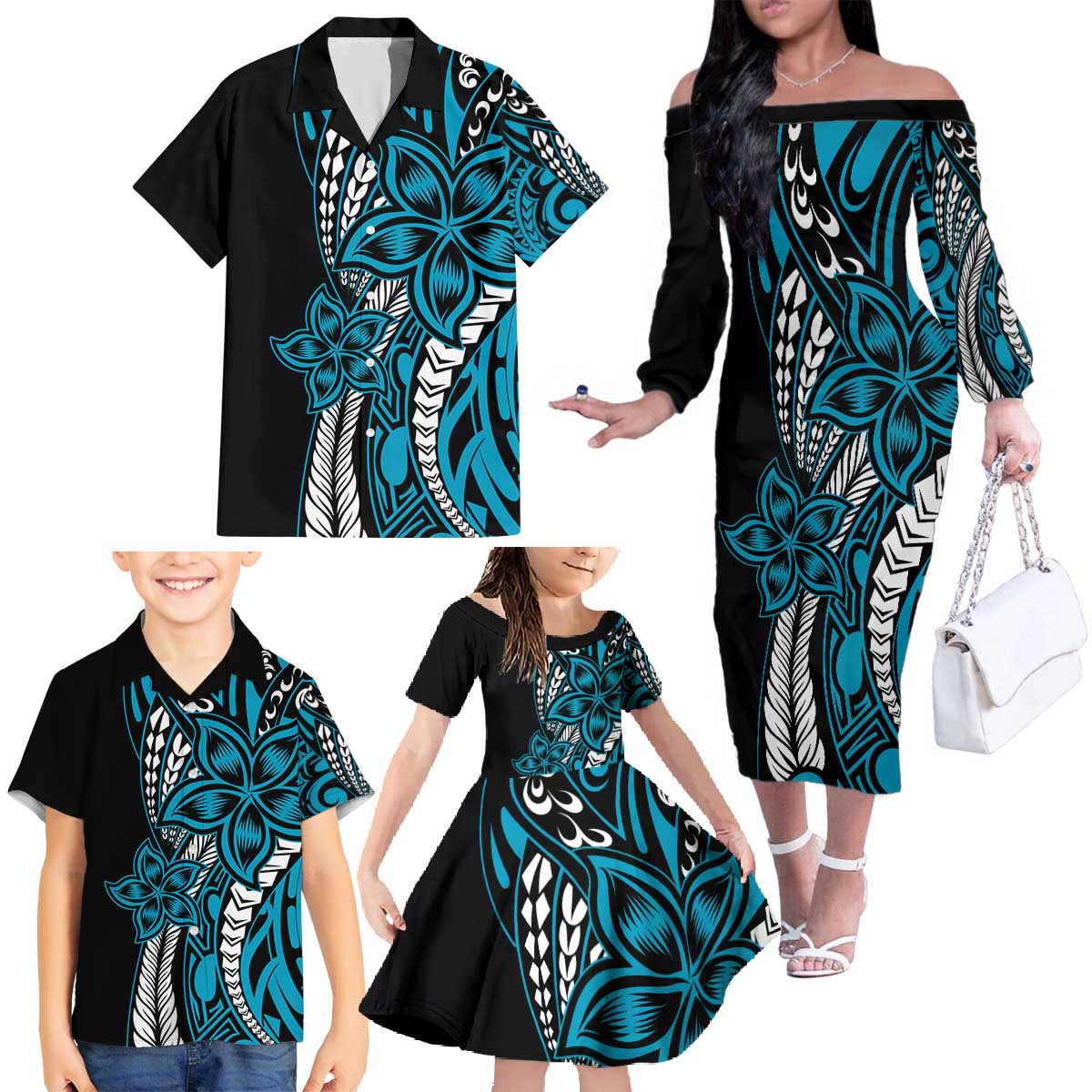 Polynesian Plumeria Floral Tattoo Pattern Family Matching Off The Shoulder Long Sleeve Dress and Hawaiian Shirt Bllue Style