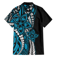 Polynesian Plumeria Floral Tattoo Pattern Family Matching Off The Shoulder Long Sleeve Dress and Hawaiian Shirt Bllue Style