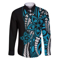 Polynesian Plumeria Floral Tattoo Pattern Family Matching Off The Shoulder Long Sleeve Dress and Hawaiian Shirt Bllue Style