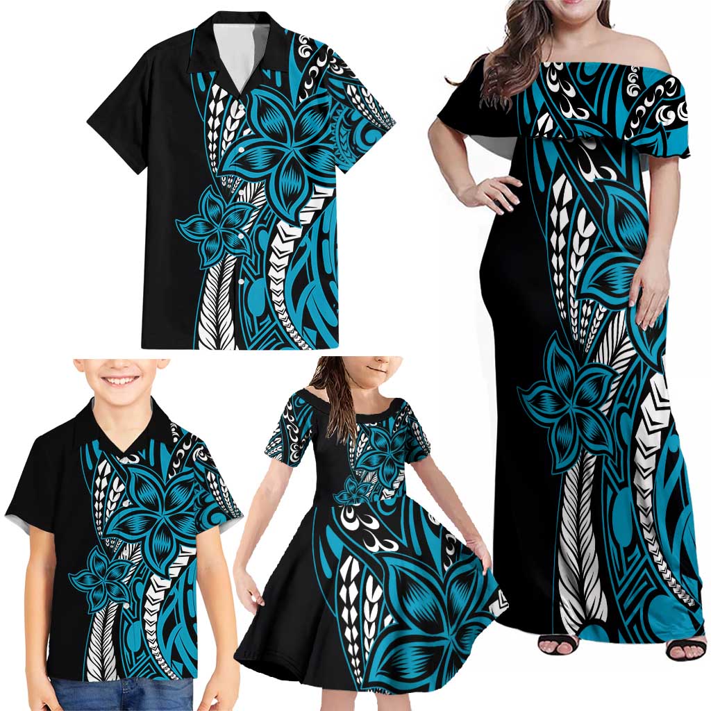 Polynesian Plumeria Floral Tattoo Pattern Family Matching Off Shoulder Maxi Dress and Hawaiian Shirt Blue Style LT9 - Polynesian Pride