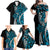 Polynesian Plumeria Floral Tattoo Pattern Family Matching Off Shoulder Maxi Dress and Hawaiian Shirt Bllue Style