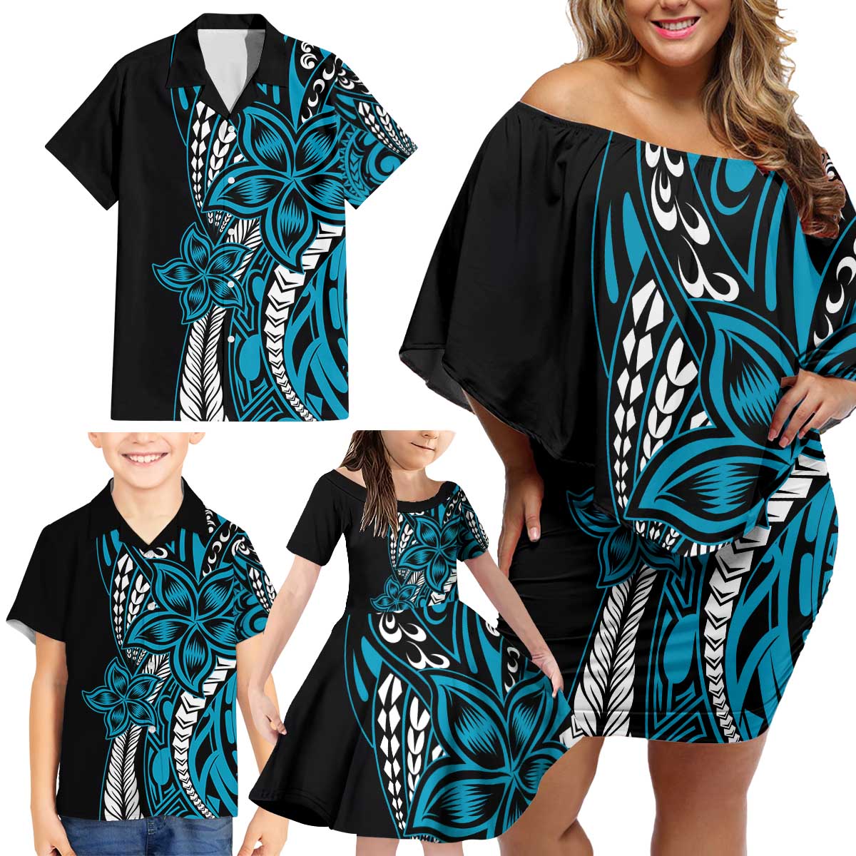 Polynesian Plumeria Floral Tattoo Pattern Family Matching Off Shoulder Short Dress and Hawaiian Shirt Blue Style LT9 - Polynesian Pride