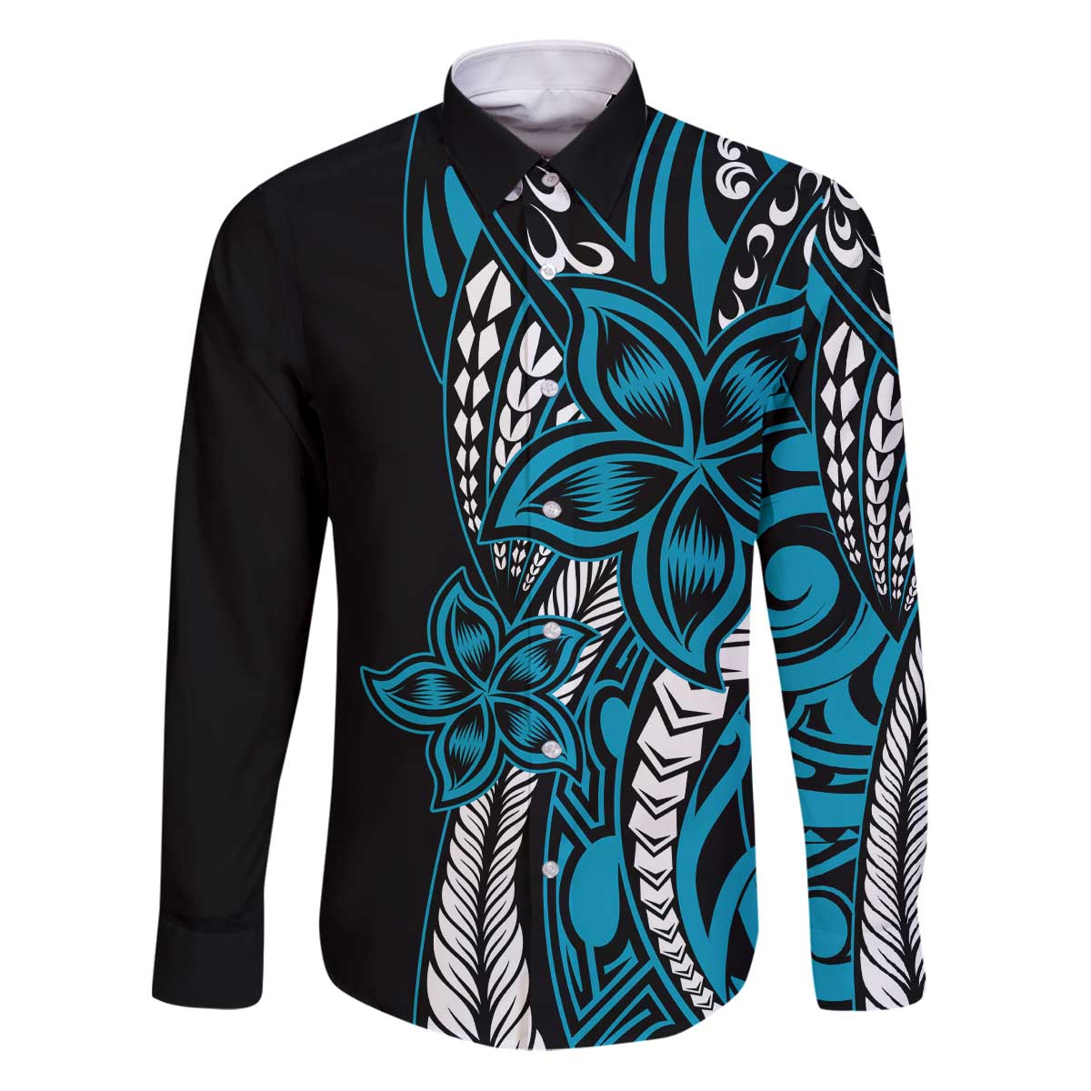 Polynesian Plumeria Floral Tattoo Pattern Family Matching Puletasi and Hawaiian Shirt Blue Style LT9 Dad's Shirt - Long Sleeve Blue - Polynesian Pride