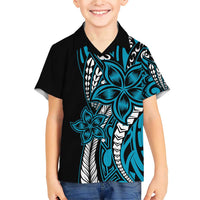 Polynesian Plumeria Floral Tattoo Pattern Family Matching Short Sleeve Bodycon Dress and Hawaiian Shirt Bllue Style