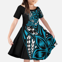Polynesian Plumeria Floral Tattoo Pattern Family Matching Tank Maxi Dress and Hawaiian Shirt Bllue Style