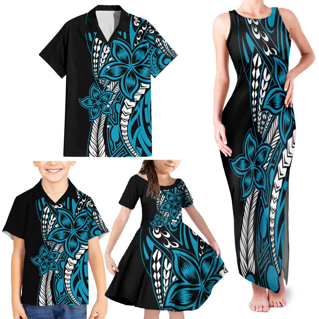 Polynesian Plumeria Floral Tattoo Pattern Family Matching Tank Maxi Dress and Hawaiian Shirt Blue Style LT9 - Polynesian Pride