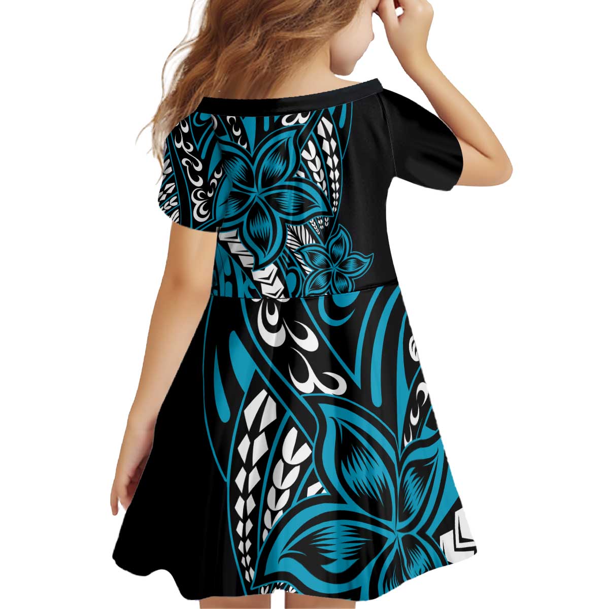 Polynesian Plumeria Floral Tattoo Pattern Kid Short Sleeve Dress Bllue Style