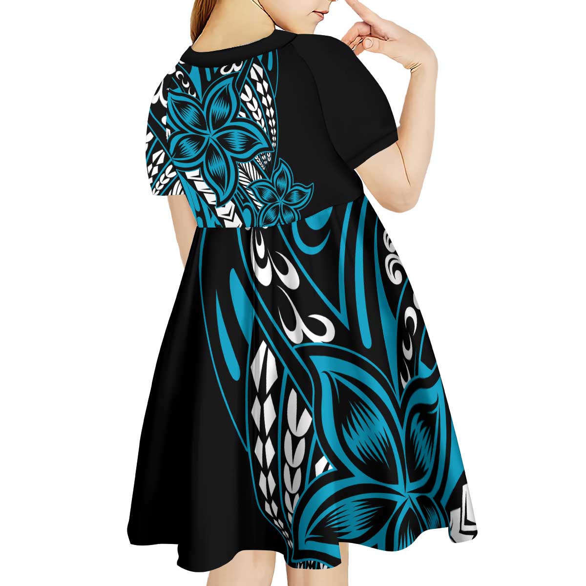 Polynesian Plumeria Floral Tattoo Pattern Kid Short Sleeve Dress Bllue Style