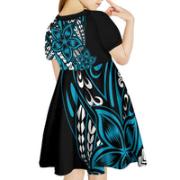 Polynesian Plumeria Floral Tattoo Pattern Kid Short Sleeve Dress Bllue Style