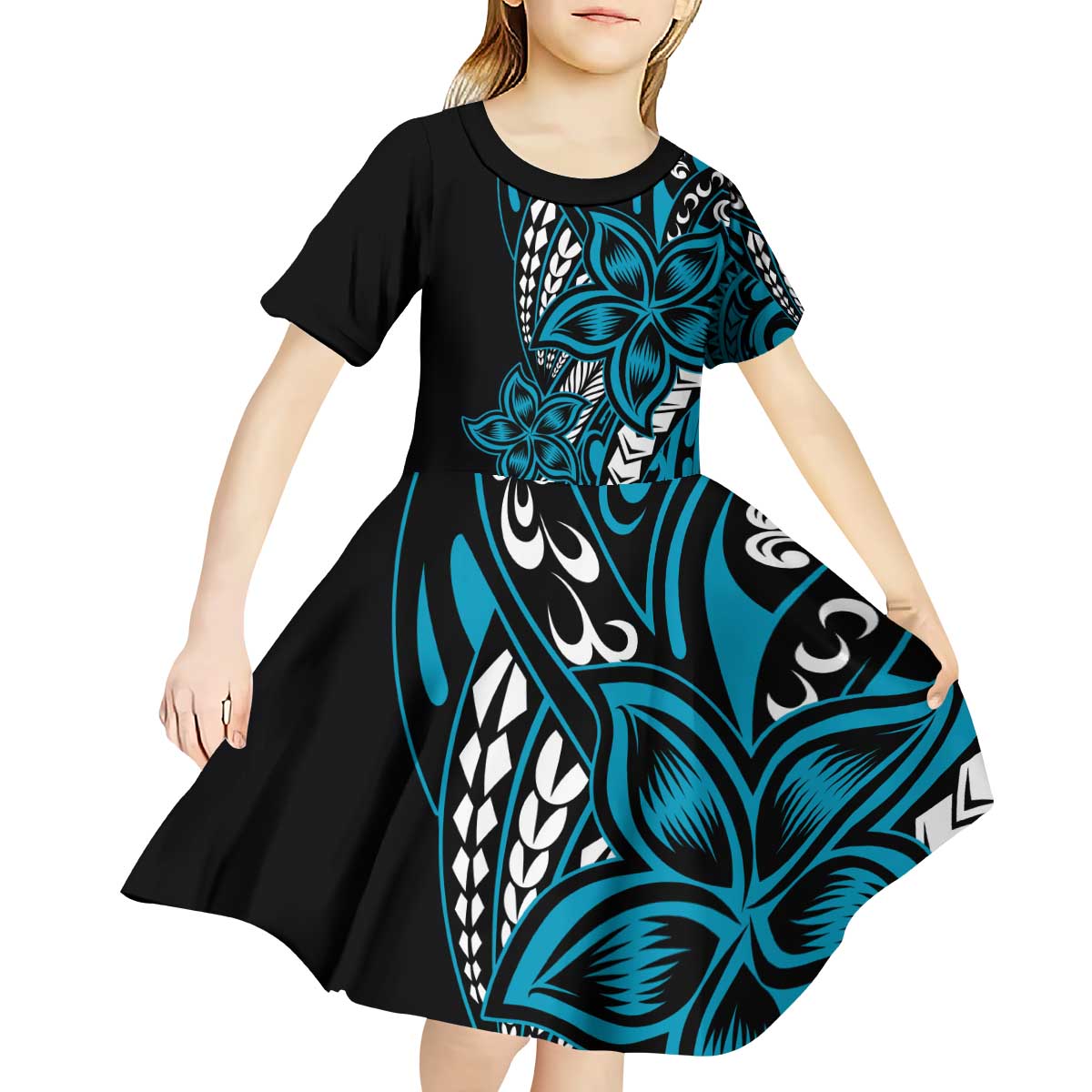 Polynesian Plumeria Floral Tattoo Pattern Kid Short Sleeve Dress Bllue Style