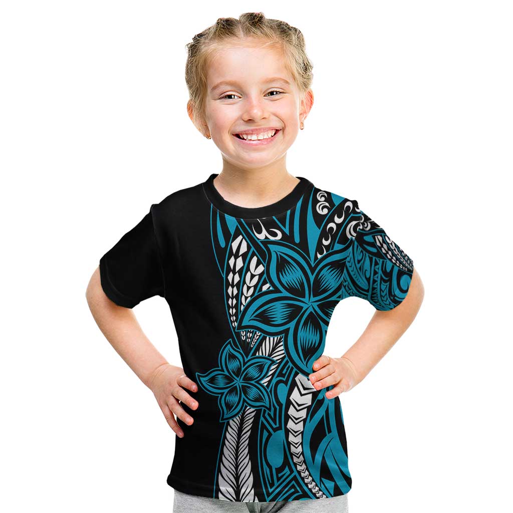 Polynesian Plumeria Floral Tattoo Pattern Kid T Shirt Bllue Style