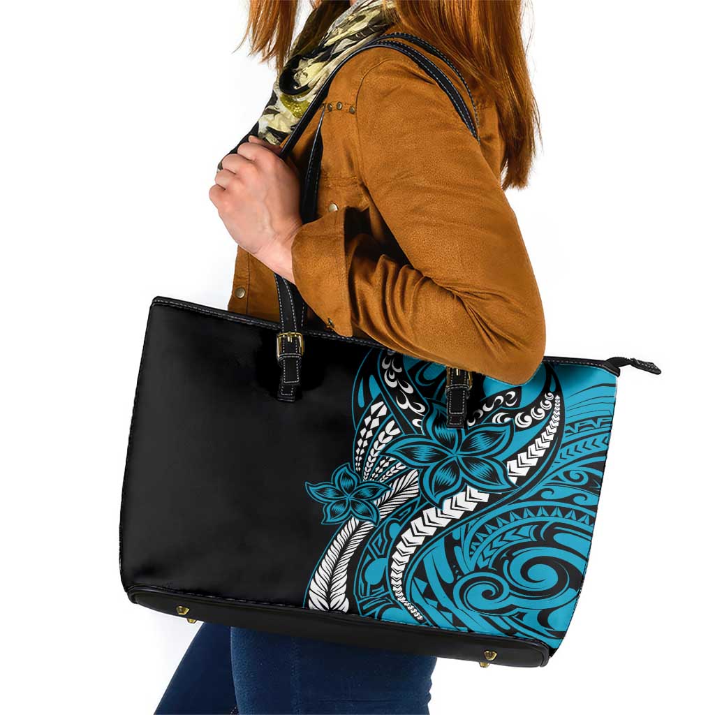 Polynesian Plumeria Floral Tattoo Pattern Leather Tote Bag Blue Style LT9 Blue - Polynesian Pride