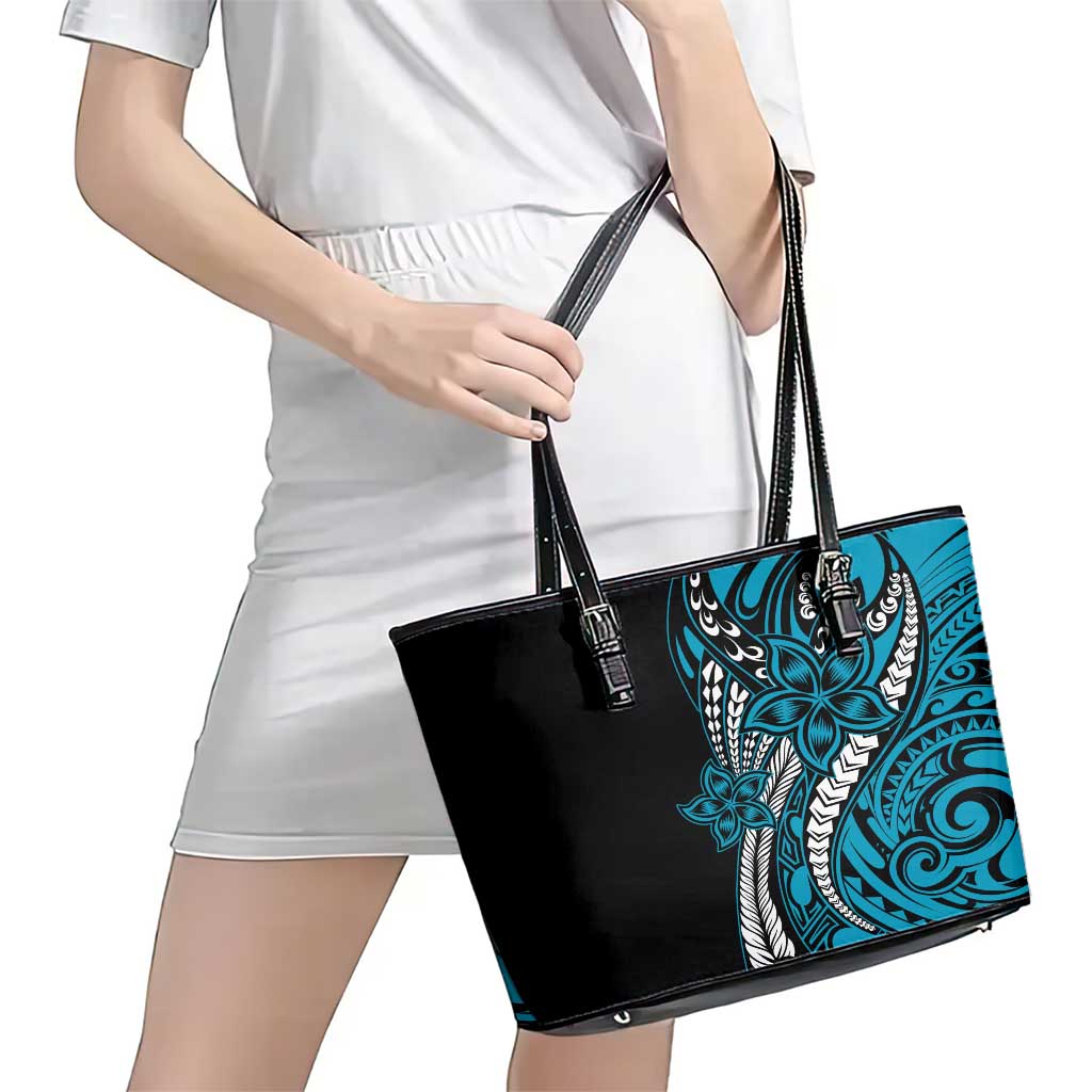 Polynesian Plumeria Floral Tattoo Pattern Leather Tote Bag Blue Style LT9 - Polynesian Pride