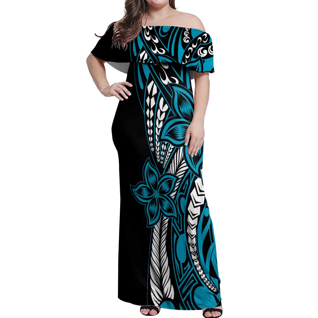 Polynesian Plumeria Floral Tattoo Pattern Off Shoulder Maxi Dress Blue Style LT9 Women Blue - Polynesian Pride