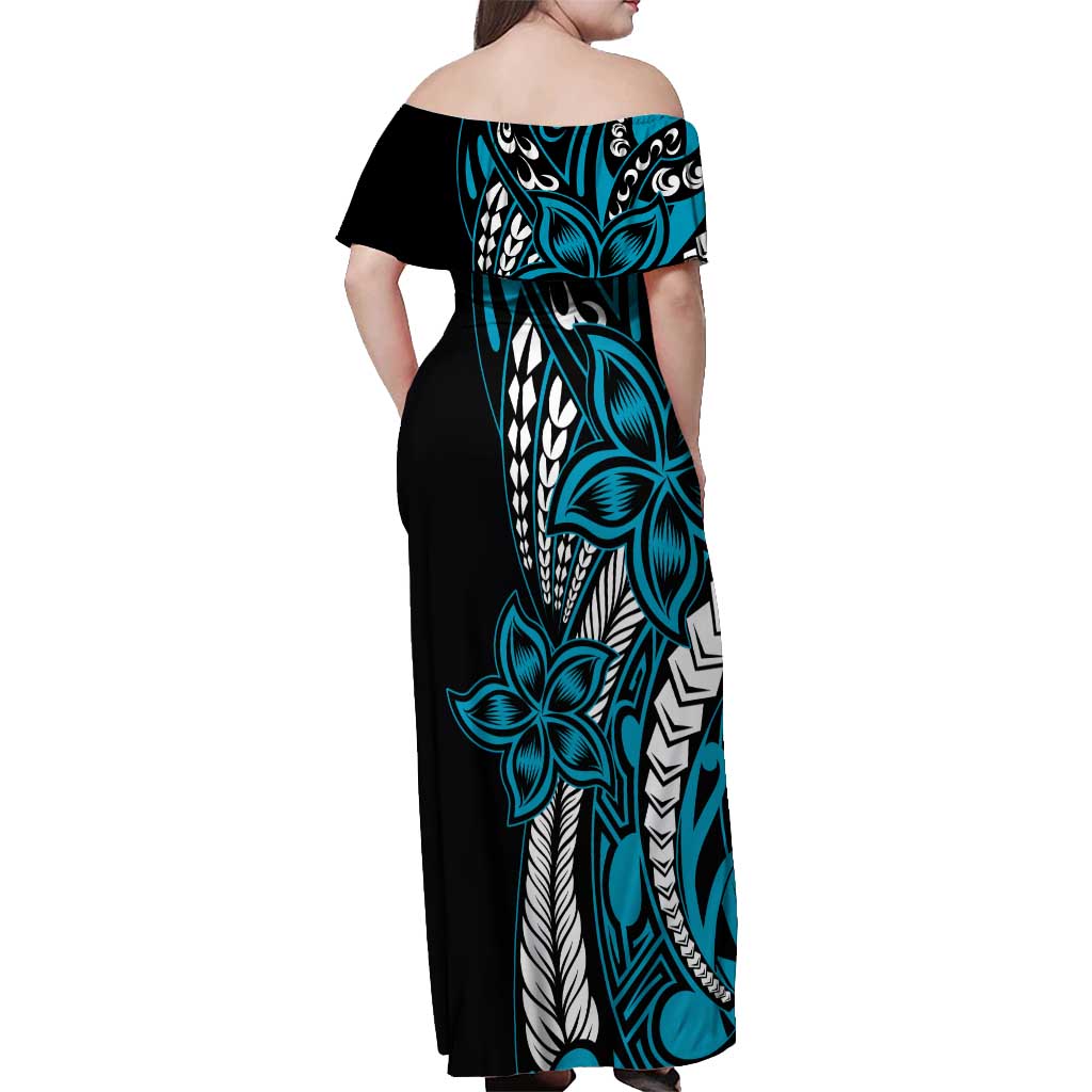 Polynesian Plumeria Floral Tattoo Pattern Off Shoulder Maxi Dress Blue Style LT9 - Polynesian Pride