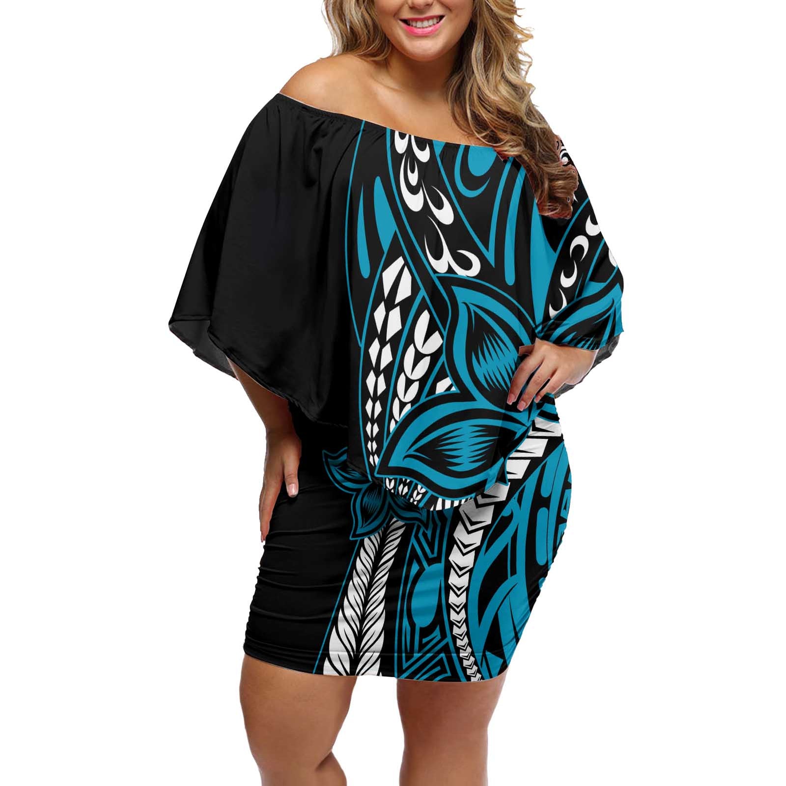 Polynesian Plumeria Floral Tattoo Pattern Off Shoulder Short Dress Blue Style LT9 Women Blue - Polynesian Pride