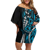 Polynesian Plumeria Floral Tattoo Pattern Off Shoulder Short Dress Blue Style LT9 Women Blue - Polynesian Pride
