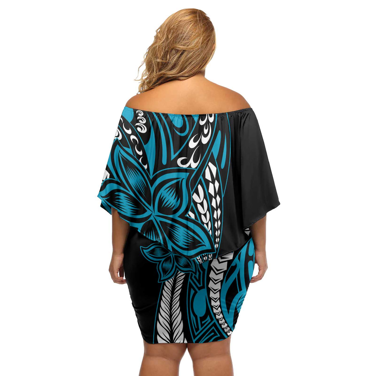 Polynesian Plumeria Floral Tattoo Pattern Off Shoulder Short Dress Blue Style LT9 - Polynesian Pride