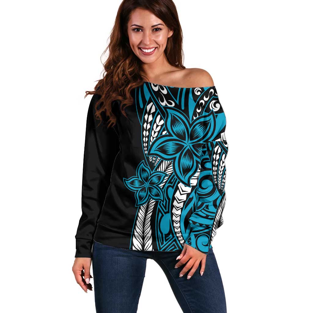 Polynesian Plumeria Floral Tattoo Pattern Off Shoulder Sweater Bllue Style