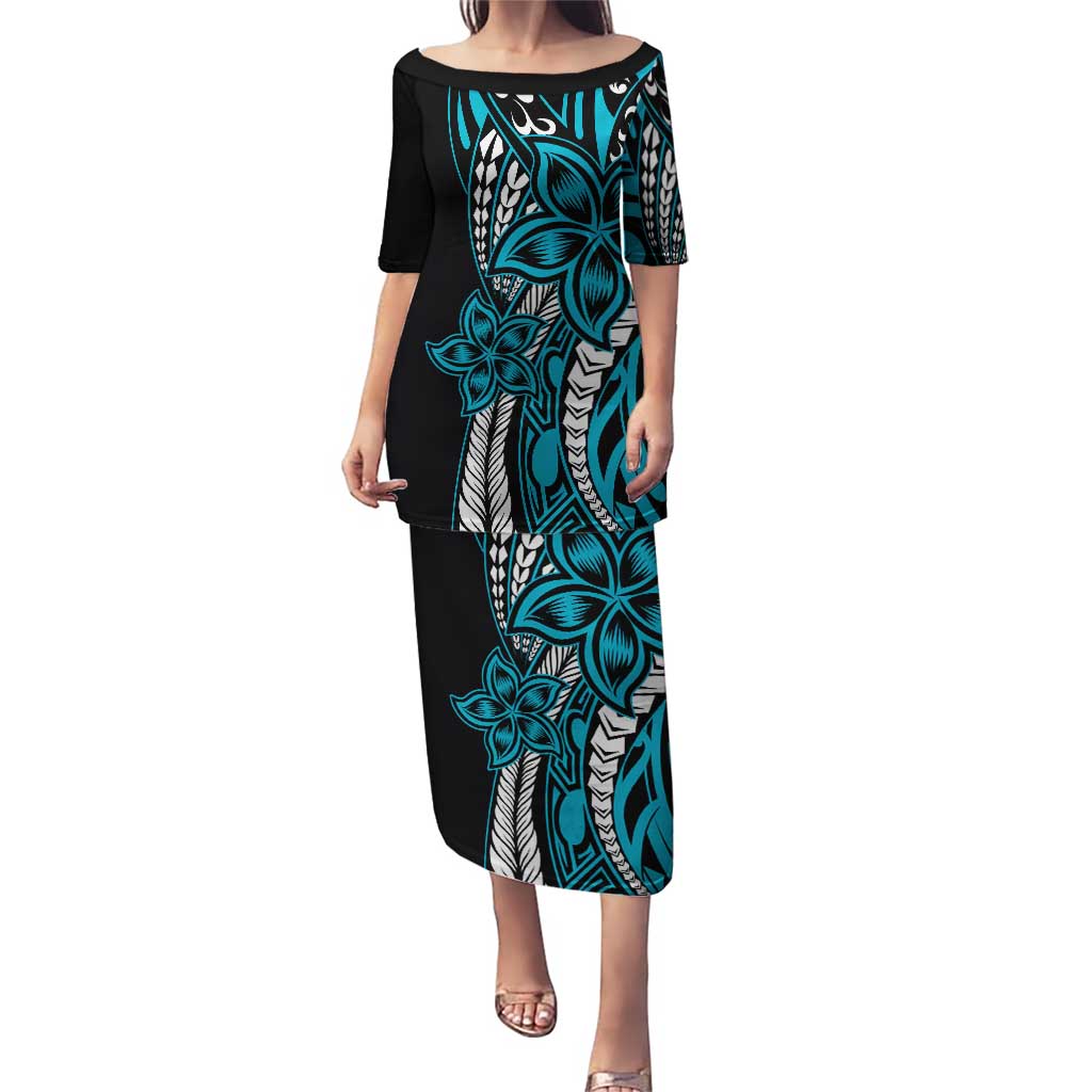 Polynesian Plumeria Floral Tattoo Pattern Puletasi Blue Style LT9 Long Dress Blue - Polynesian Pride