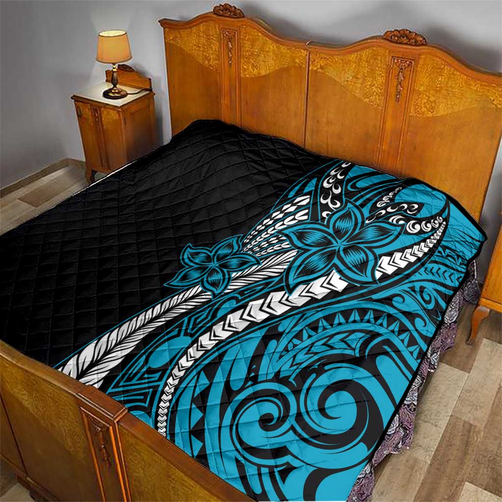 Polynesian Plumeria Floral Tattoo Pattern Quilt Blue Style