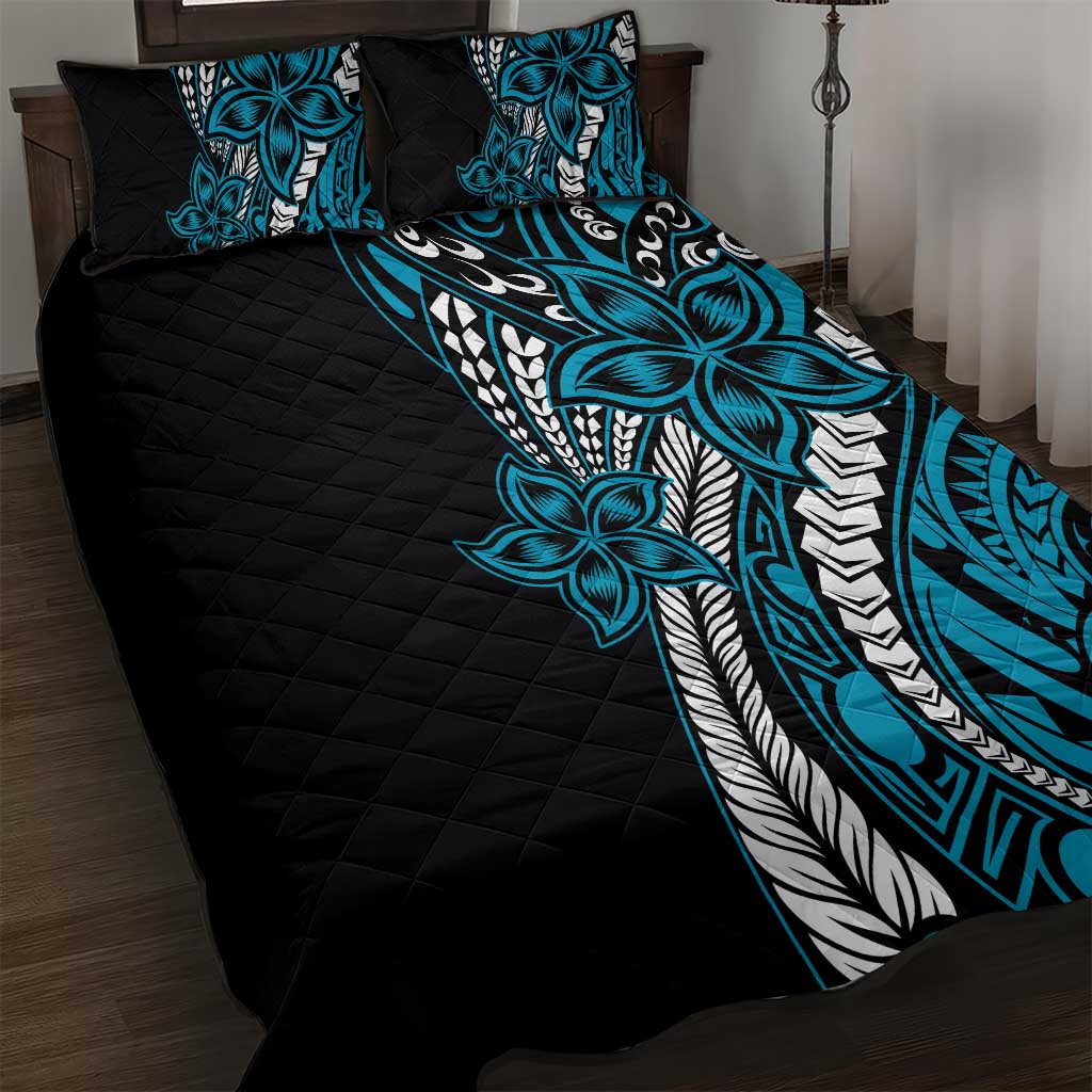 Polynesian Plumeria Floral Tattoo Pattern Quilt Bed Set Blue Style