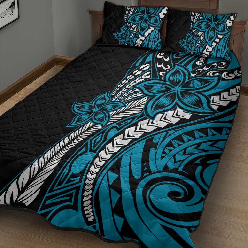 Polynesian Plumeria Floral Tattoo Pattern Quilt Bed Set Blue Style LT9 - Polynesian Pride